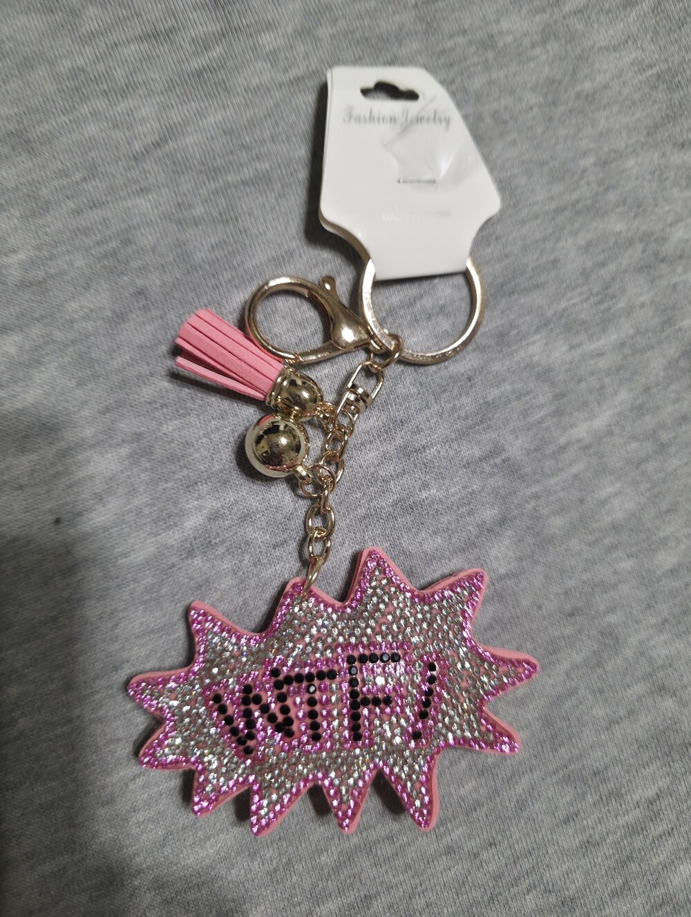 Pink Rhinestone "WTF!" Keychain Charm with Tassel